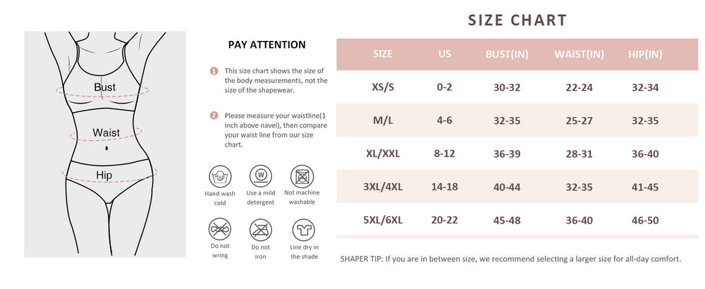 Size Chart for Thong Tummy Control Shapewear Bodysuit