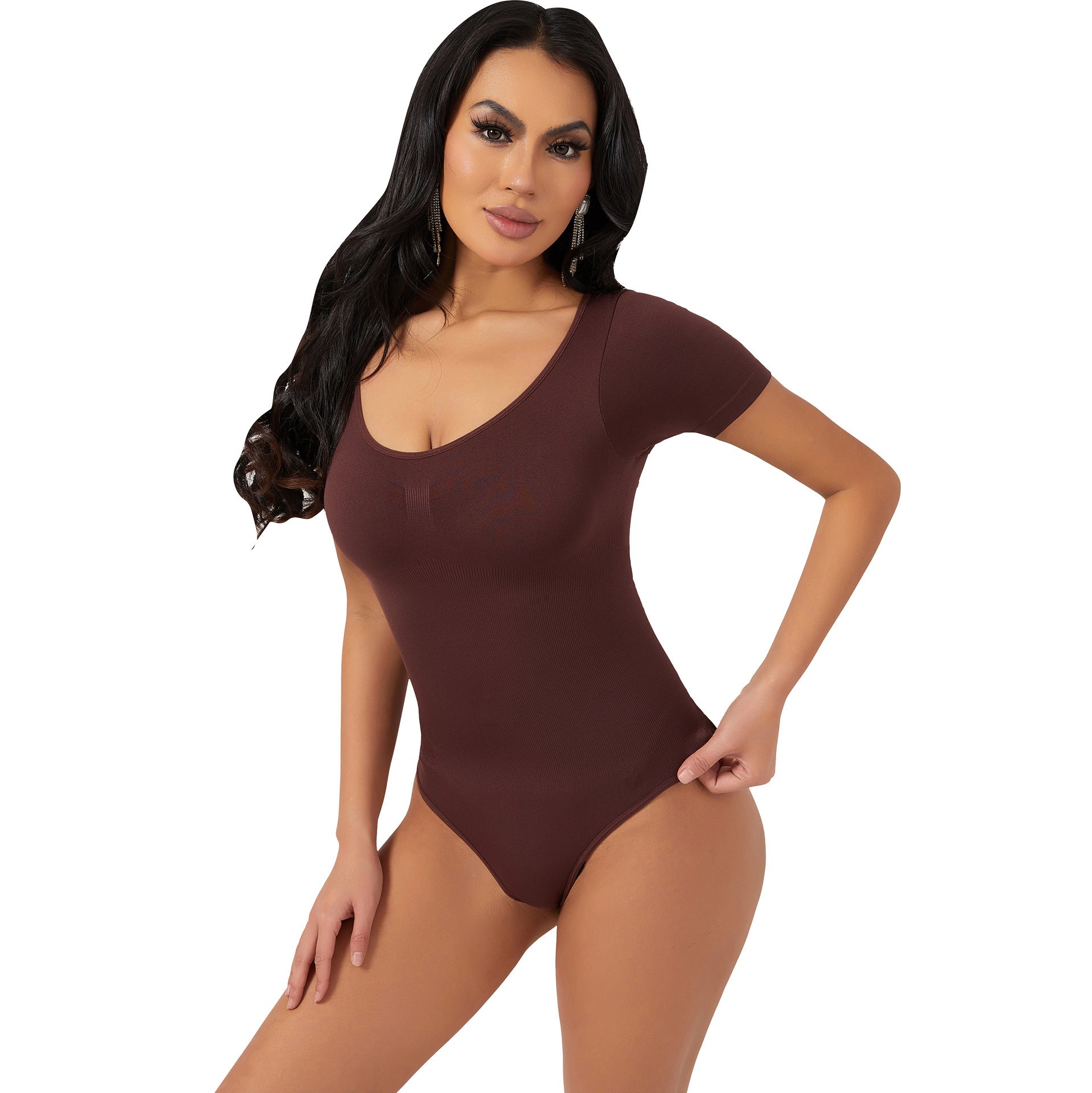 Nudashape seamless short sleeve sculpting shapewear bodysuit for women in brown – tummy control body shaper