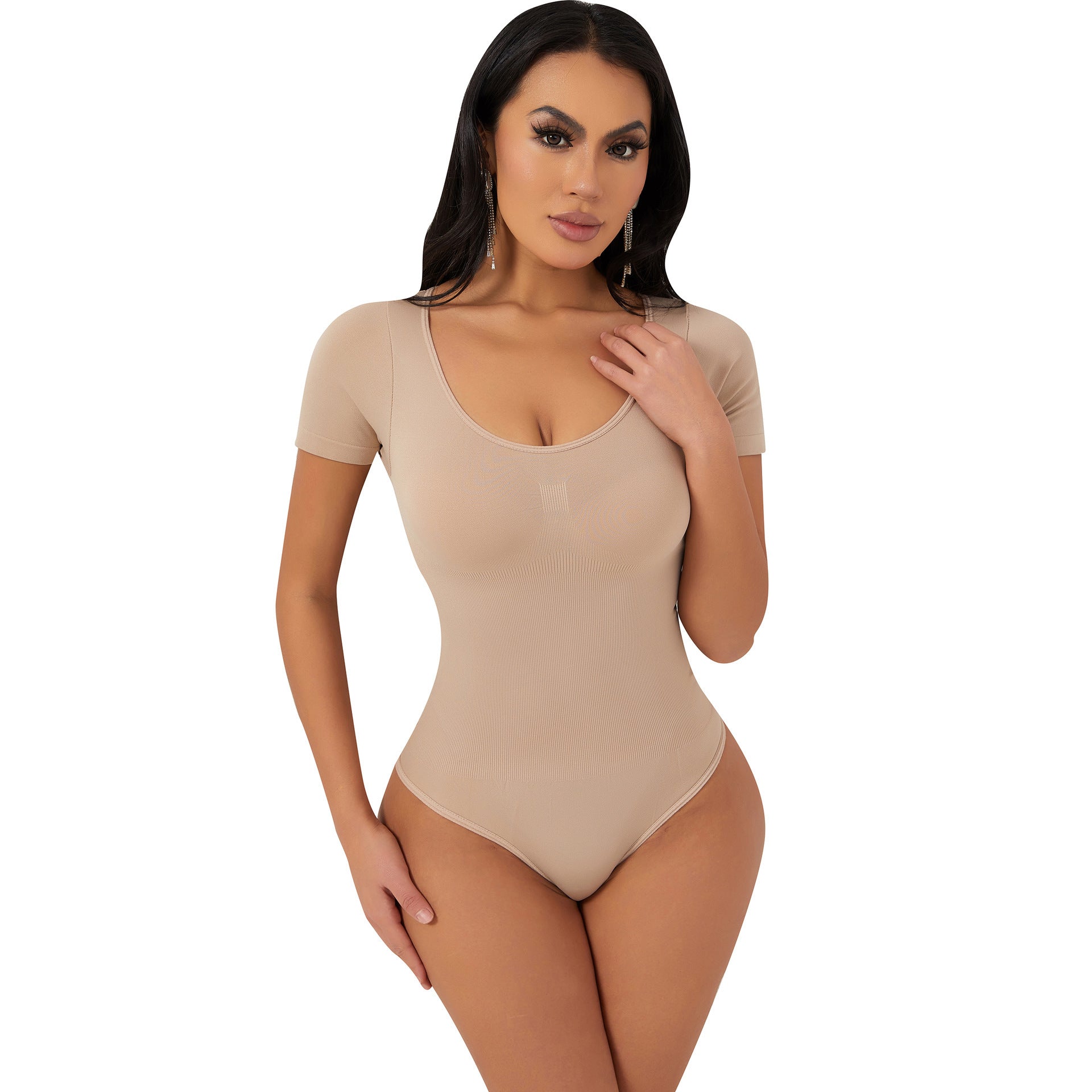 Nudashape seamless short sleeve sculpting shapewear bodysuit for women in nude – slimming body shaper